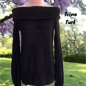 TRINA TURK NWT WOOL BLEND KNIT LIGHT WEIGHT SWEATER BLACK OFF THE SHOULDER SMALL